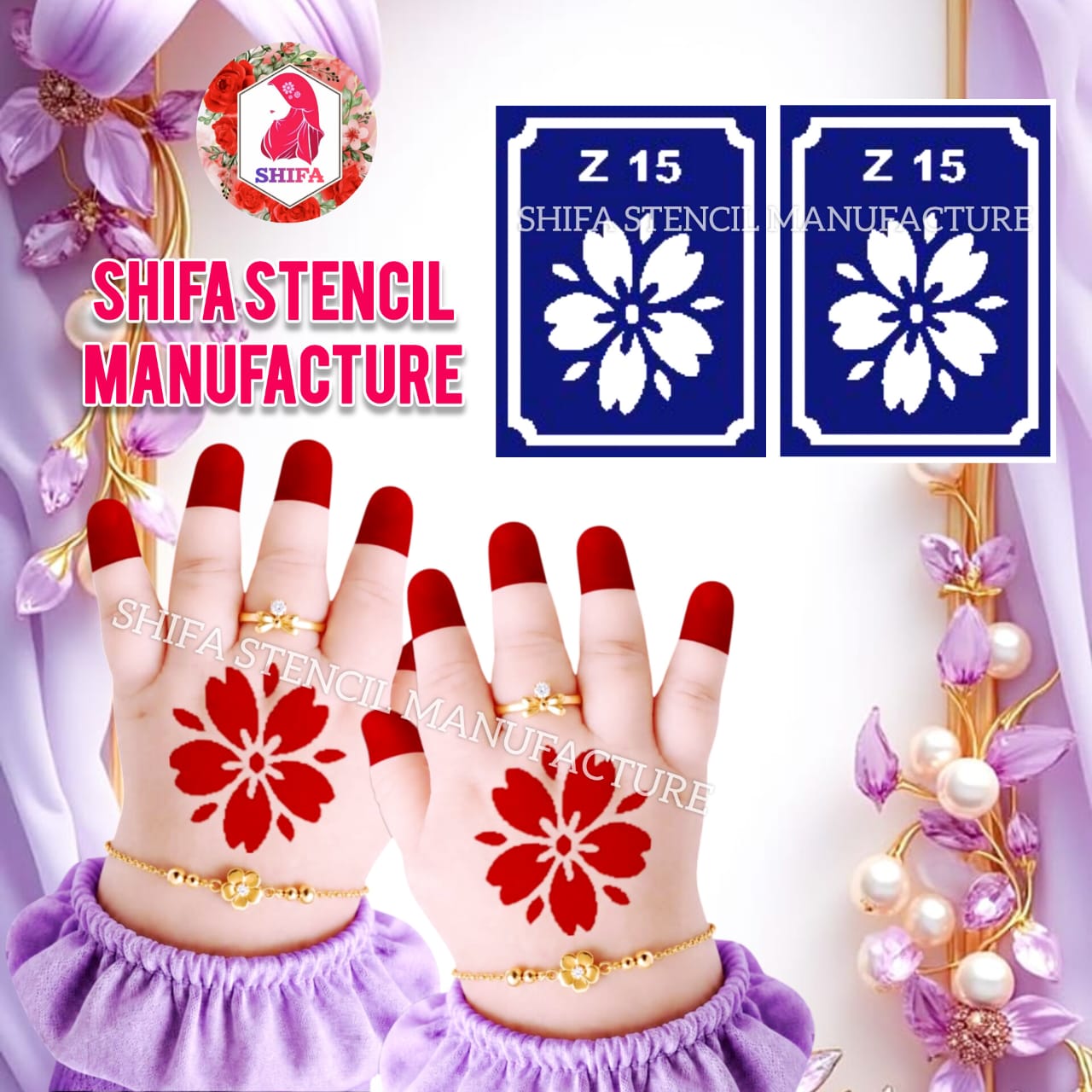 Z 15 Classic 8-Petal Blossom Stencil Sticker overview Henna Stencil - Shifa Stencil